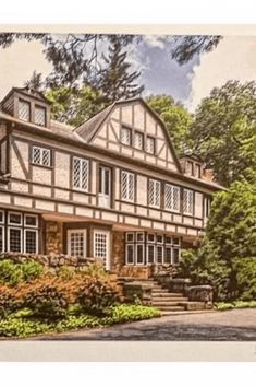 this is an artist's rendering of a large house in the woods with stairs leading up to it