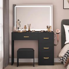 a bedroom with a vanity, stool and mirror