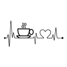 a cup of coffee with a heart and heartbeat on the side is drawn by hand