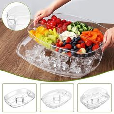 a bowl filled with fruit and ice cubes sitting on top of a wooden table