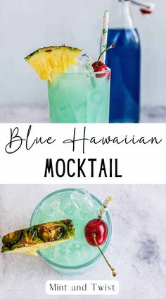 blue hawaiian cocktail with pineapple, mint and twist on the rim next to it