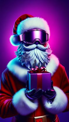 a santa clause holding a gift box and wearing goggles