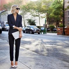 A Black Suit Set, White Heels, and a White Clutch White Heels Outfit, Work Appropriate Outfits, Stylish Office Wear, Star Gazing, White Clutch, Heels Outfits, Popsugar Fashion, White Heels, Casual Work Outfits