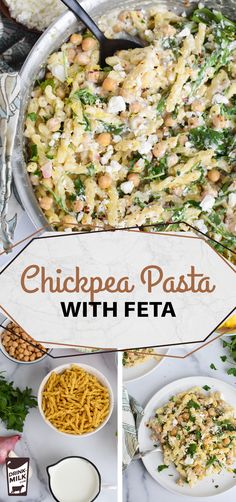 chickpea pasta with feta in a pan and on the table next to other dishes