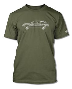 a green t - shirt with an image of a car on the front and back