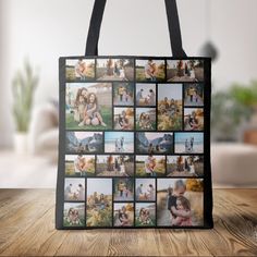 a tote bag with pictures of people and dogs on it sitting on a table