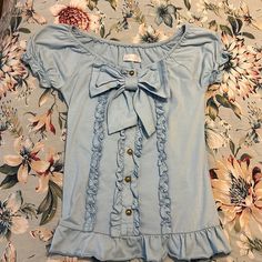 Worn 3 Times. In Excellent Condition. Cute For Tea Parties, And Even Casual Outings Depending On How You Style It. The Bow Is Removable. See Pictures For Details. Price Is Firm. Taking Reasonable Offers If They Are Reasonable. Fits Size Small For Most Part. Might Fit Medium Since It’s A Little Stretchy. Blue Kawaii Clothes, Cute Fitted Blue Blouse, Cute Fitted Light Blue Blouse, Liz Lisa Outfits, Bow Top, Liz Lisa, Kawaii Accessories, Royale High, Tea Parties