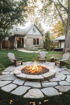 Backyard with a stone fire pit and four chairs, with a house in the background surrounded by trees. Outdoor Bbq Pit Ideas Backyards, Backyard Fire Pit Patio, Sunken Fire Pit Area, Backyard Patio And Fire Pit Ideas, Backyard Large Pavers Ideas, Fire Pit For Small Backyard, Backyard Deck Fire Pit, Farm Fire Pit Ideas, Backyard With Fire Pit And Playground