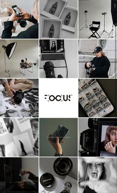 a collage of black and white photographs with focus on the photographer