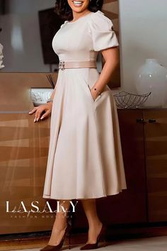 Lasaky - Sophisticated O-Neck A-Line Dresses with Belt in Exquisite Solid Patchwork Design Hubble Bubble, Line Dresses, Office Dresses For Women, Elegant Office, Bubble Sleeve, Round Neck Dresses, Khaki Dress, Office Dresses, Sleeve Dresses