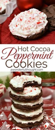 hot cocoa peppermin cookies are stacked on top of each other