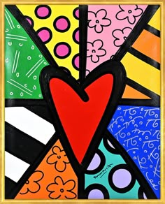 an abstract painting with many different colors and shapes in the center, including a heart