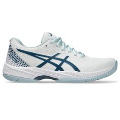 the white and blue tennis shoe is on sale for just $ 20, originally at asics