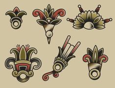 an assortment of decorative objects are shown in this drawing or tattoo art style, including scissors and masks