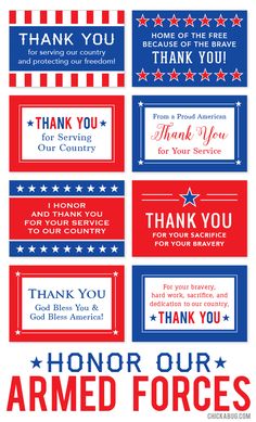 thank you for serving our armed forces printables are available in red, white and blue