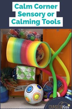 a bunch of colorful items that are stacked on top of each other with the words calm corner