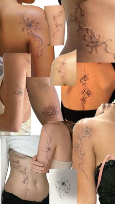 the back of a woman's stomach with flowers on it and other images of her tattoos