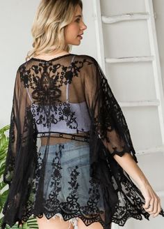 Elegant Black Lace Kimono One Size (Manufacture suggests up to XL) Scalloped 3/4 Sleeve Sheer Lace / Hip Length 65% Cotton, 35% Polyester Black Lace Kimono, Festive Outfits, Shopify Design, Lace Kimono, Boot Cuffs, Scarf Hat, Sheer Lace, Hip Length, Dress Accessories