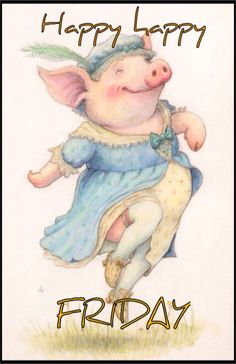 a drawing of a pig in a blue dress and green hat is flying through the air