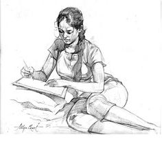 a pencil drawing of a woman sitting on the ground writing in a book with her legs crossed