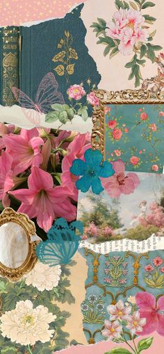 a collage of flowers, books and other things on a table with pink and blue colors