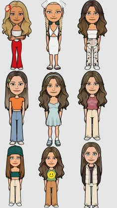 cartoon people with different hair styles and clothes, all in different poses for the same image