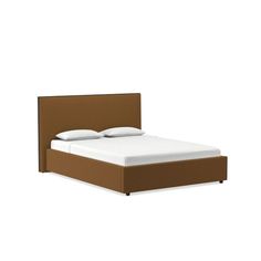 a bed with a brown headboard and two pillows on it's sides, in front of a white background