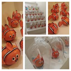 there are many different pictures of clown fish in the kitchen and on the counter top