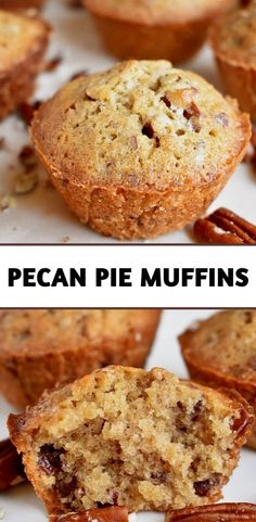 two pictures of pecan pie muffins with pecans in the background