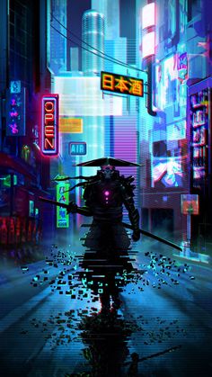 a man walking down a street in the middle of a city with neon signs and buildings