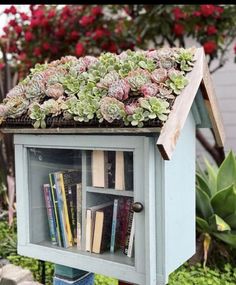 a book shelf with books and succulents on it in the shape of a house