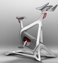 an artistic rendering of a stationary bike in white and red color scheme on grey background