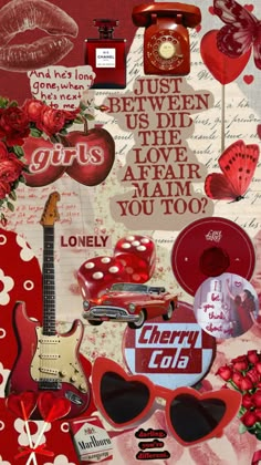 a collage of red and white items with the words cherry cola on them