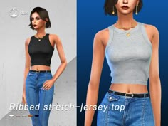 an image of a woman in jeans and crop tops with the caption ribbed stretch - jersey top