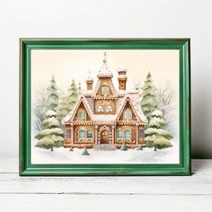 a christmas card with a house in the snow and trees on it's side