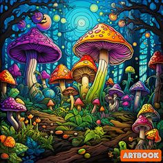 an image of a painting of mushrooms in the woods