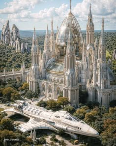 an artist's rendering of a cathedral in the middle of a forest with mountains and trees surrounding it