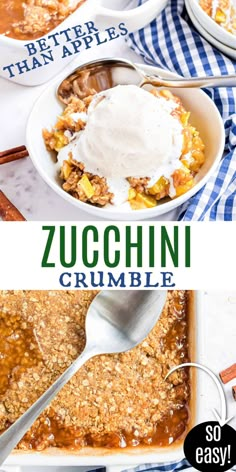 two bowls filled with zucchini crumble next to each other on a blue and white checkered table cloth