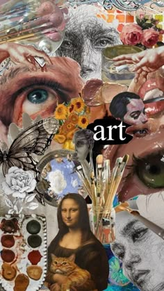 an artistic collage with the words art surrounded by images of women's faces and flowers