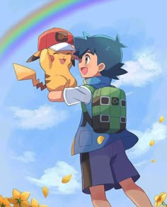 an anime character holding a cat in front of a sky with a rainbow behind him