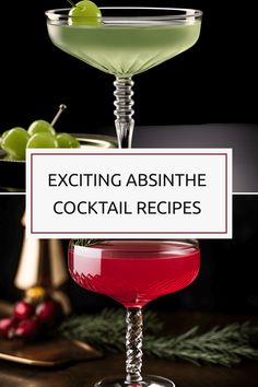 two martini glasses with green and red drinks in them next to a sign that says exciting absnite cocktail recipes