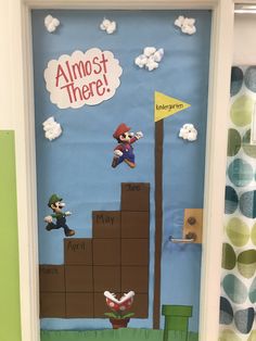 this door is decorated with paper mario and other characters from the video game, almost there