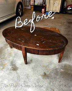 a coffee table with the words before written on it in front of a white car