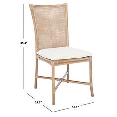 the measurements for a dining chair that is upholstered with wicker and fabric