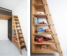 a wooden bunk bed next to a shelf filled with toys