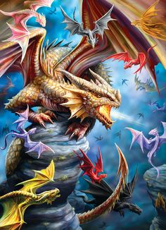 a dragon with many different colors on it's wings