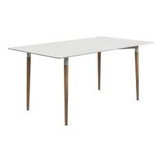 a white table with two wooden legs and a rectangular top, viewed from the front