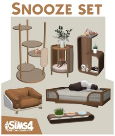 an assortment of furniture including a dog bed, couch and table with the words snooze set on it