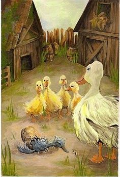 a painting of ducks and their babies in front of a barn