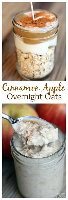 apples and oatmeal in glass jars with spoons